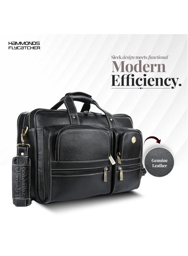  هاموندز فلاي كاتشر حقيبة مكتب جلدية أصلية للرجال، حقيبة فاخرة لأجهزة الكمبيوتر المحمولة مقاس 15.6 بوصة، متعددة الجيوب وحزام قابل للتعديل، مثالية للمكتب والسفر والاستخدام اليومي - LB136 أسود